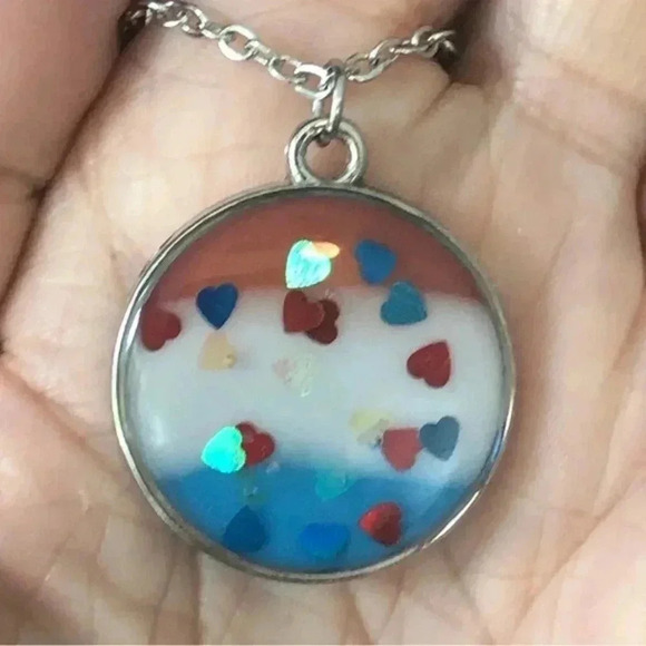 Handmade Resin Hearts and Stripes Independence Day 4th of July Silver Necklace - Picture 1 of 3